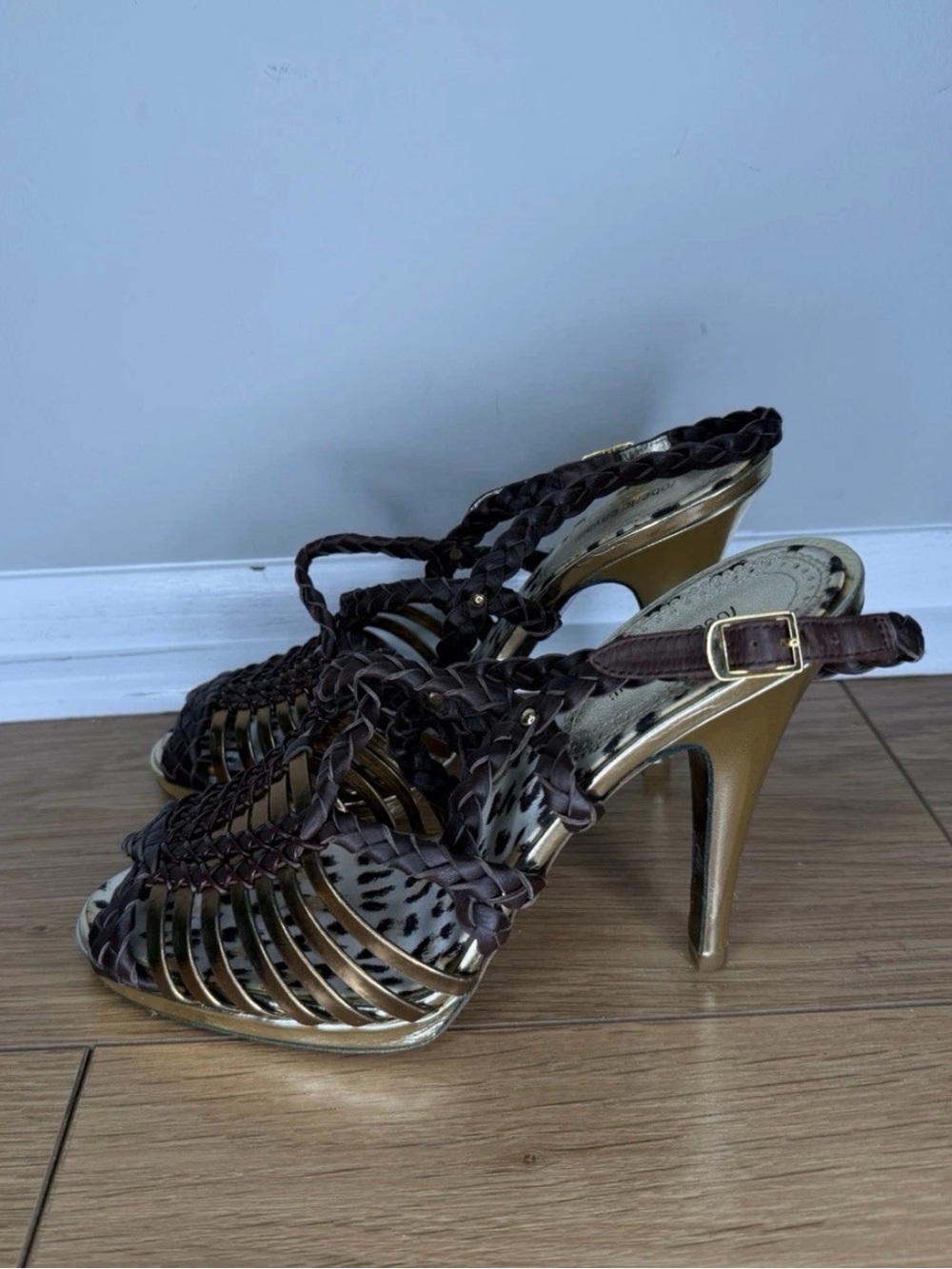 ROBERTO CAVALLI Braided Leather Brown & Gold Platform Shoes EU 37